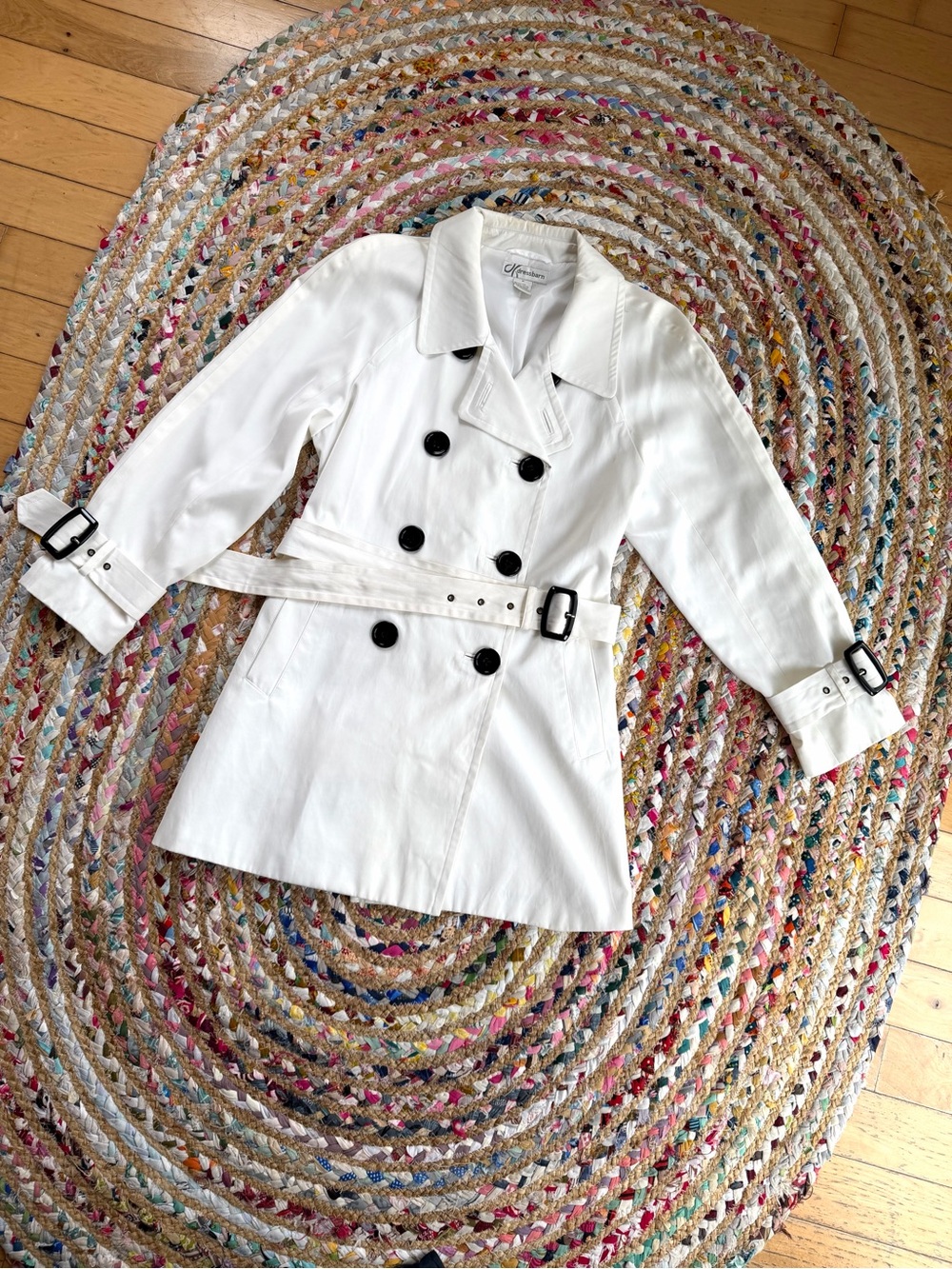 Dress Barn White Double-Breasted Trench Coat with Black Buttons
